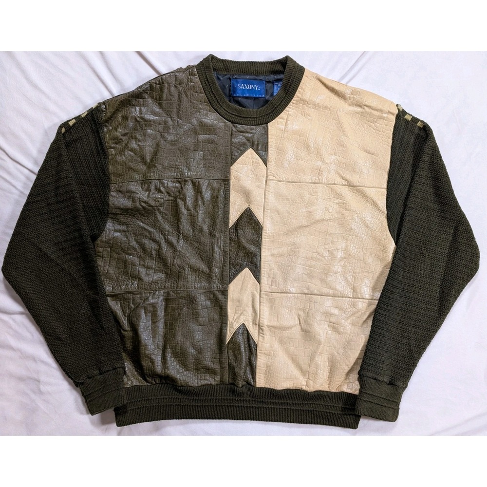 Saxony Reptile Skin Look Leather Acrylic Patchwork Vintage Sweater Mens XL READ!
